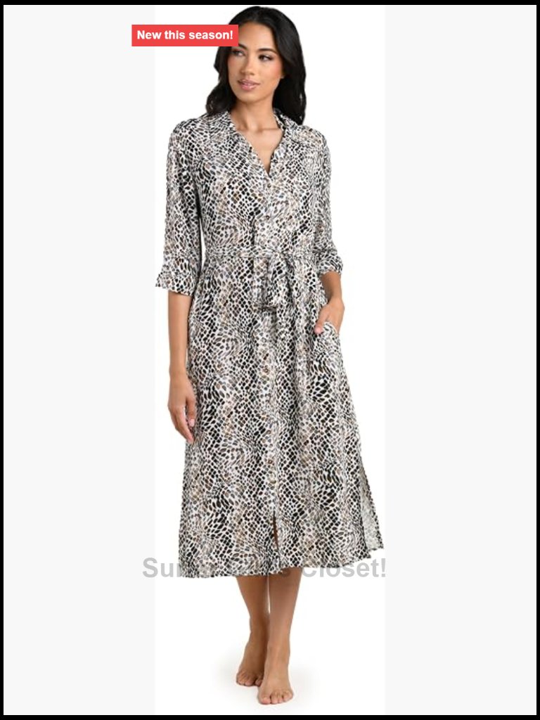 Midi Dress Swimsuit Cover Up - Button Front 3/4 Sleeve